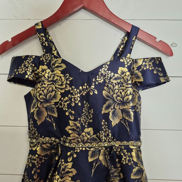 Navy & Gold Floral High-Low Dress With Beaded Waist & Cold Shoulder Straps - Picture 3 of 8
